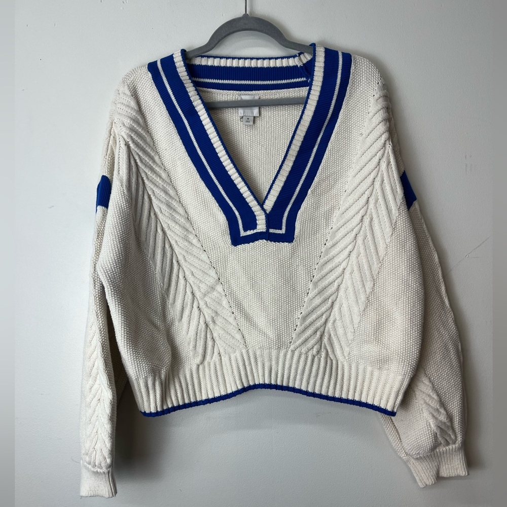 Anthropologie Maeve V-Neck Cable Knit Sweater with Royal Blue Trim